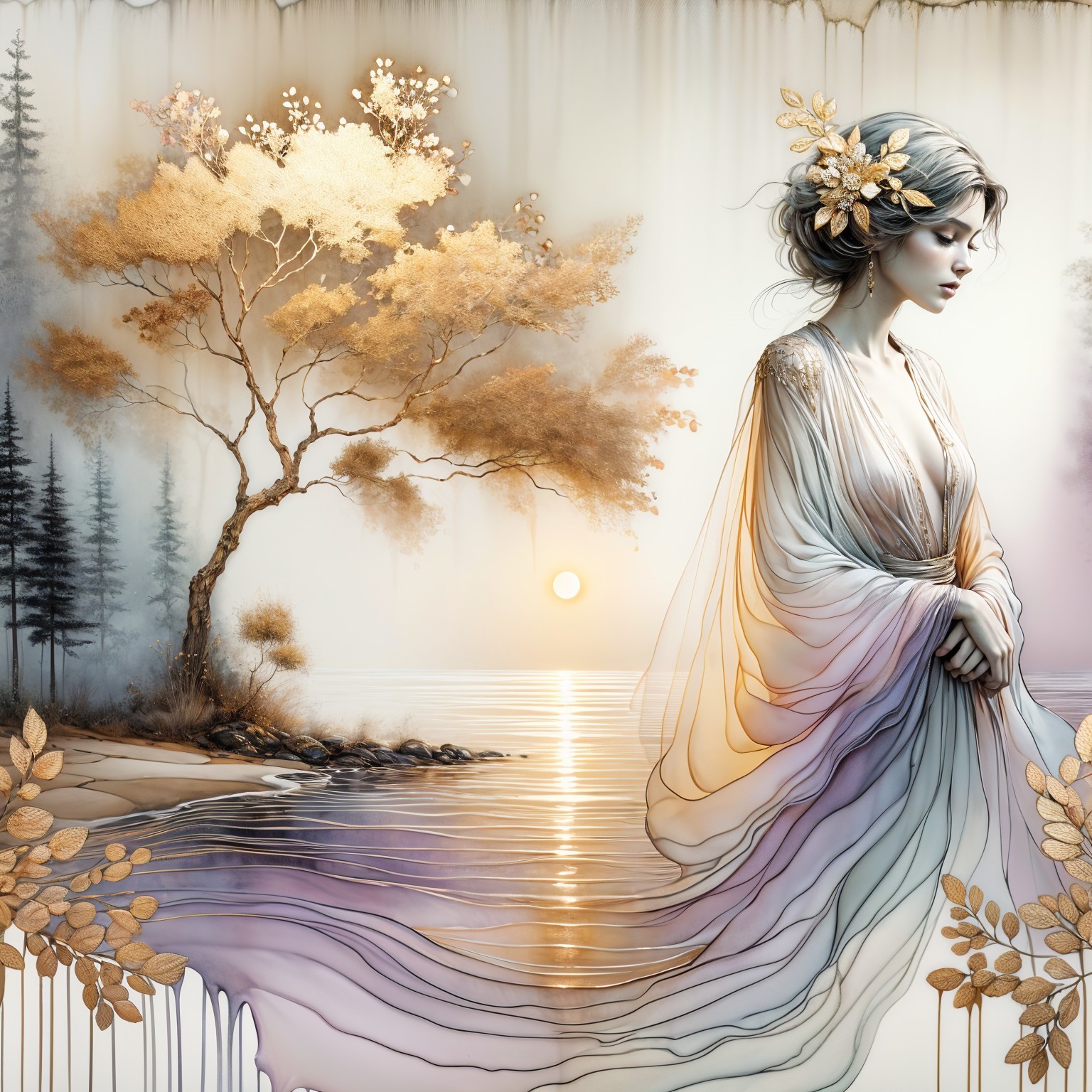 Ethereal Figure by Tranquil Shoreline at Sunset
