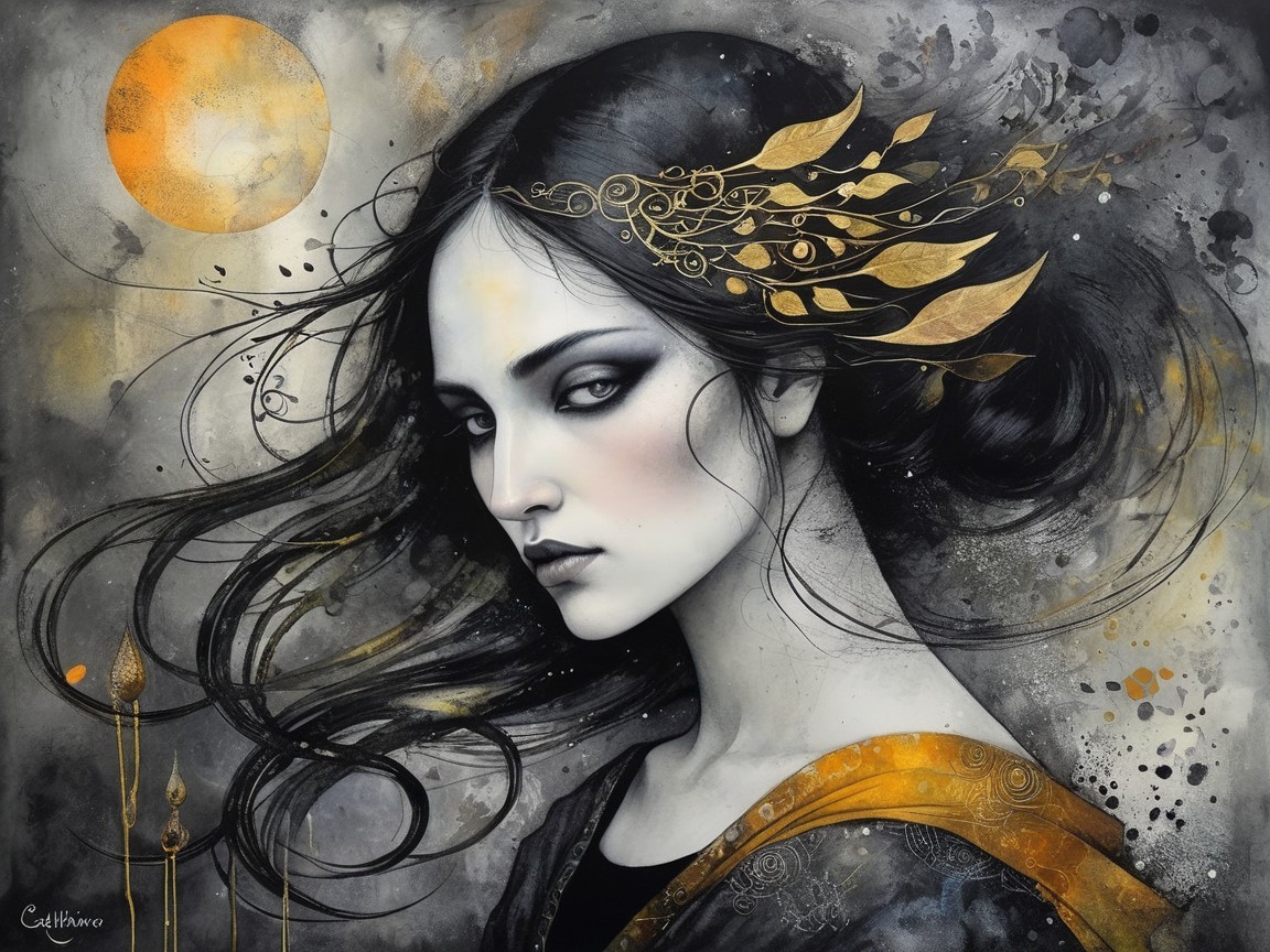 Female figure with dark hair and gray eyes under moon