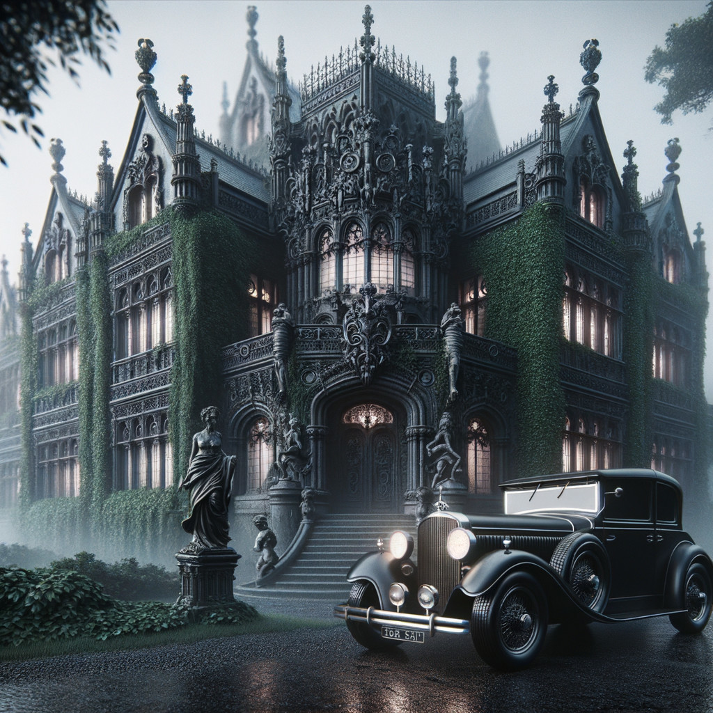 Gothic mansion with mist, ivy, and vintage car details