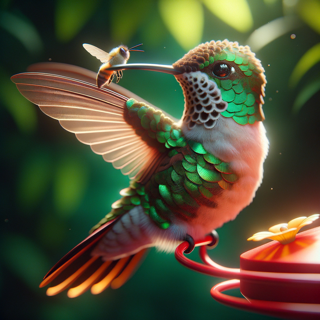 Iridescent Hummingbird Near Bee and Colorful Feeder