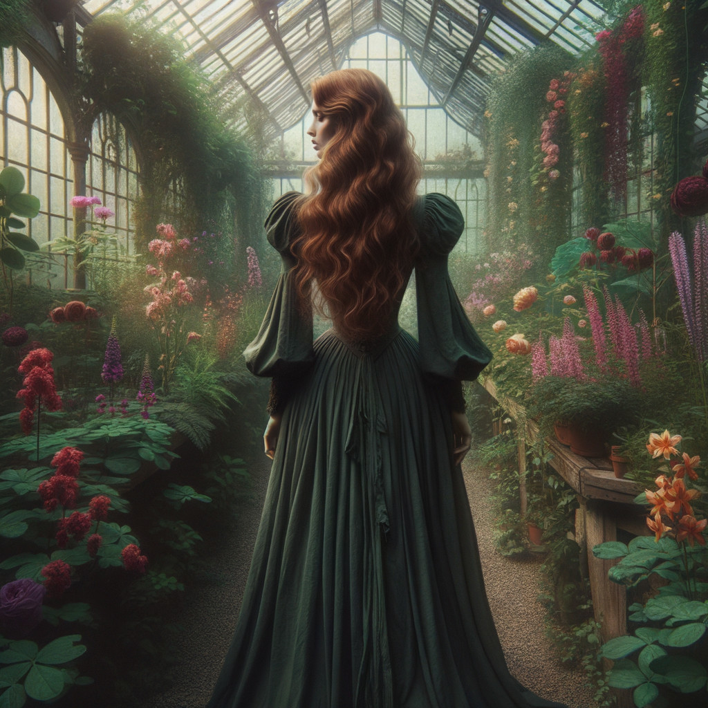 Woman in Green Gown Surrounded by Lush Greenhouse Flora
