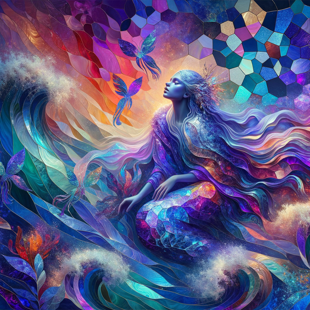 Mystical Figure Surrounded by Vibrant Waves and Butterflies