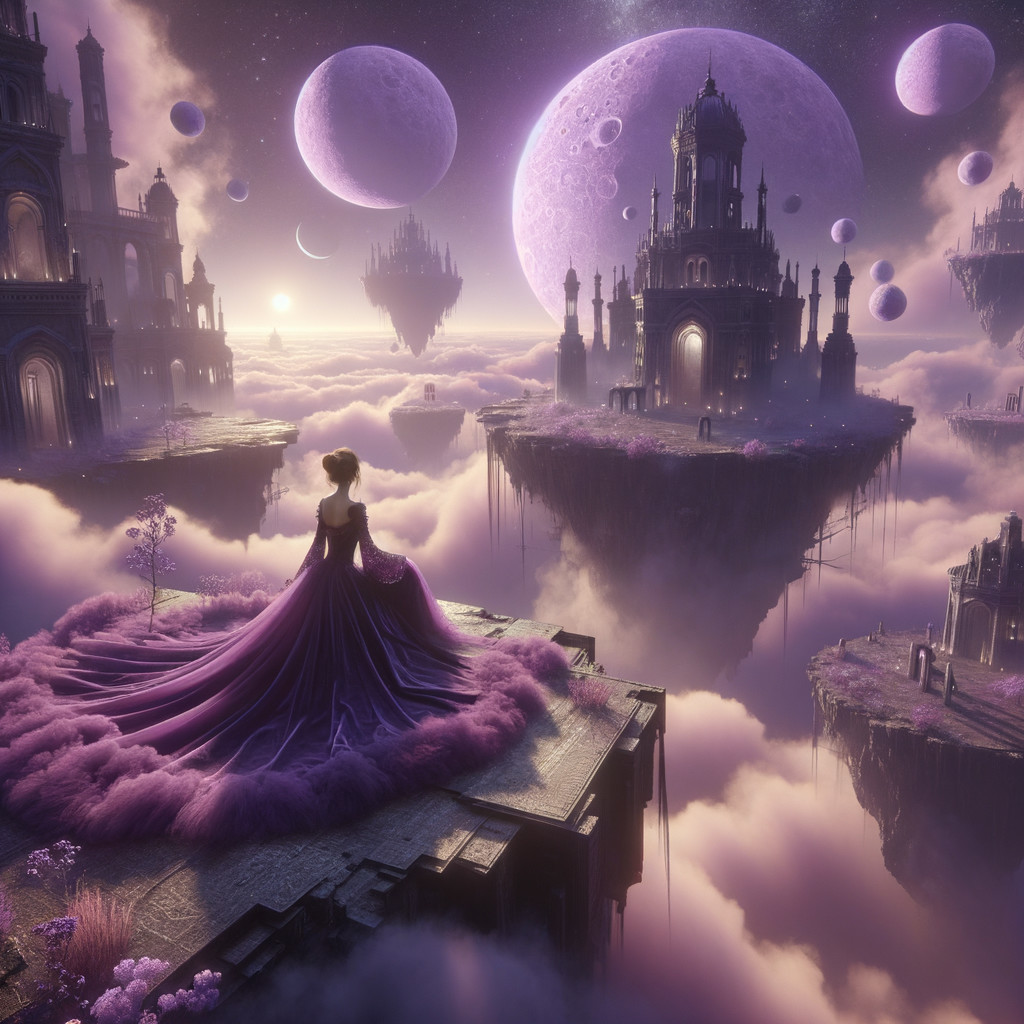 Mystical Landscape with Woman in Purple Gown and Moons
