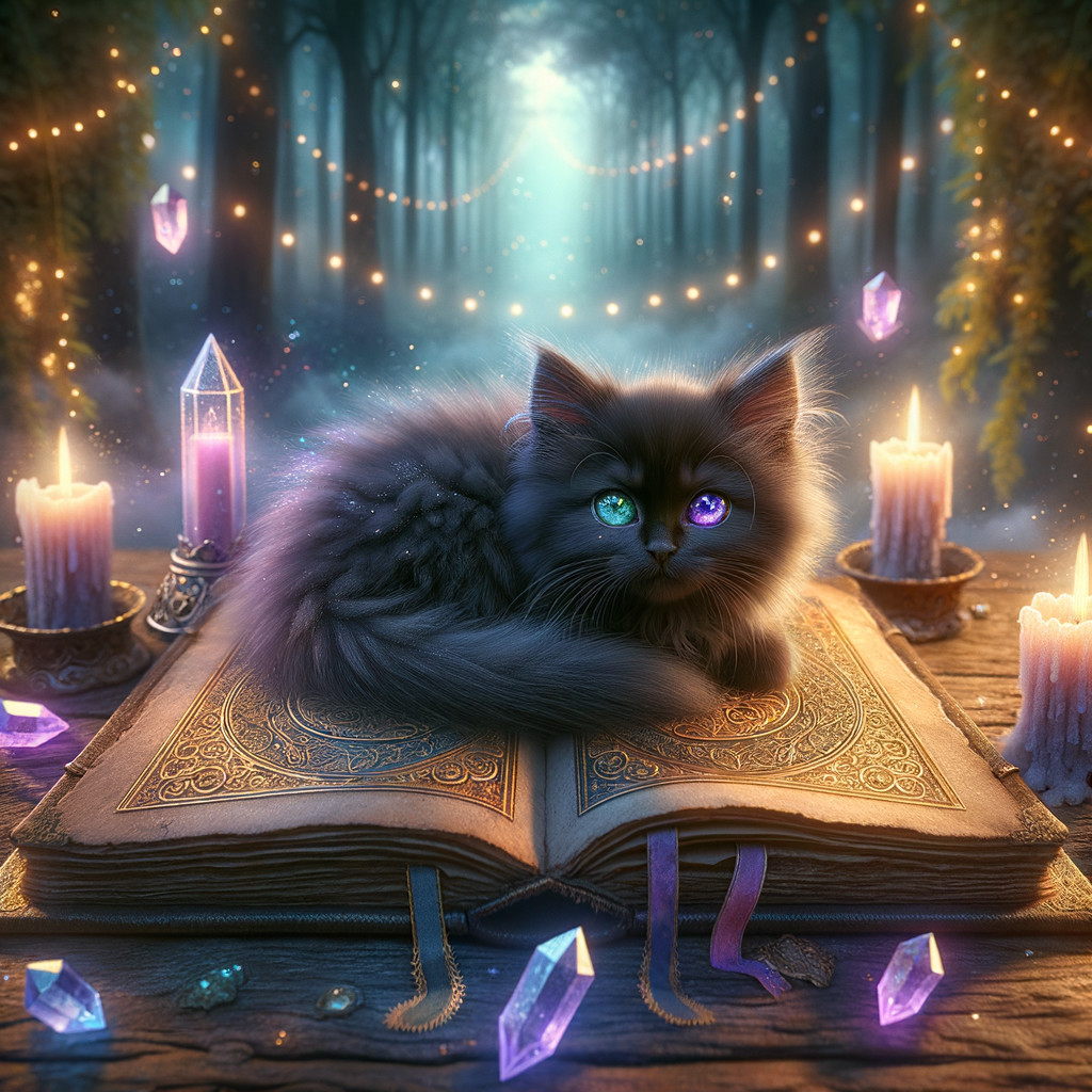 Fluffy Gray Kitten in Mystical Forest Setting