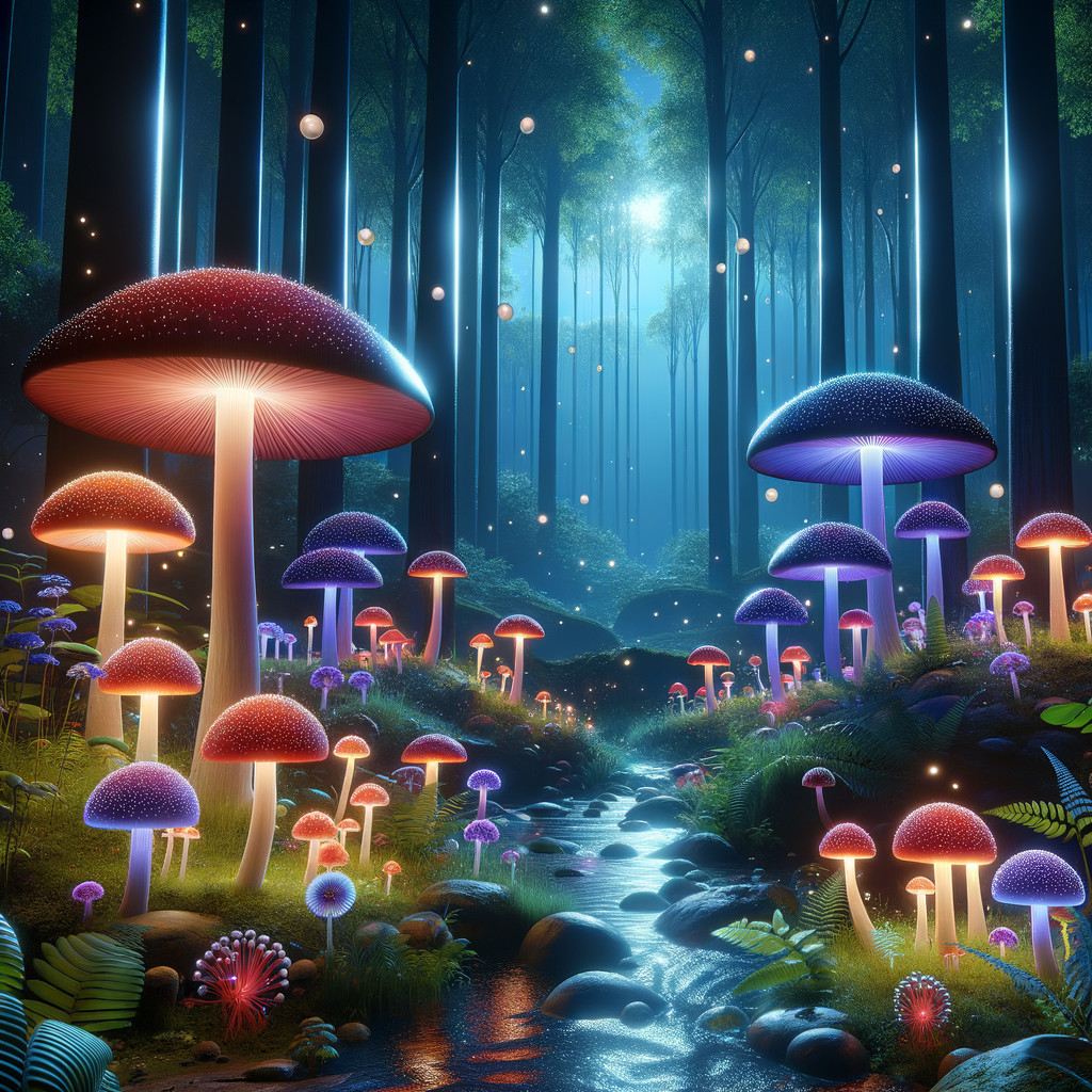 Vibrant Forest Scene with Colorful Glowing Mushrooms