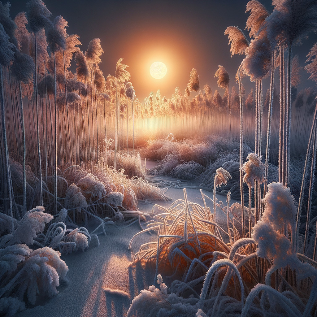 Dreamlike Winter Landscape with Frosted Reeds and Sun