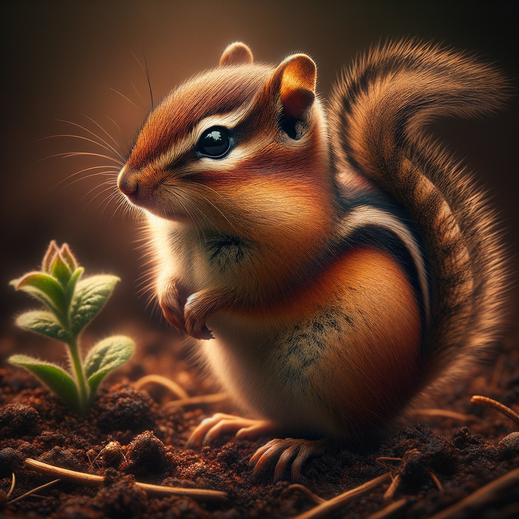 Vibrant Chipmunk in Brown Soil with Green Plant