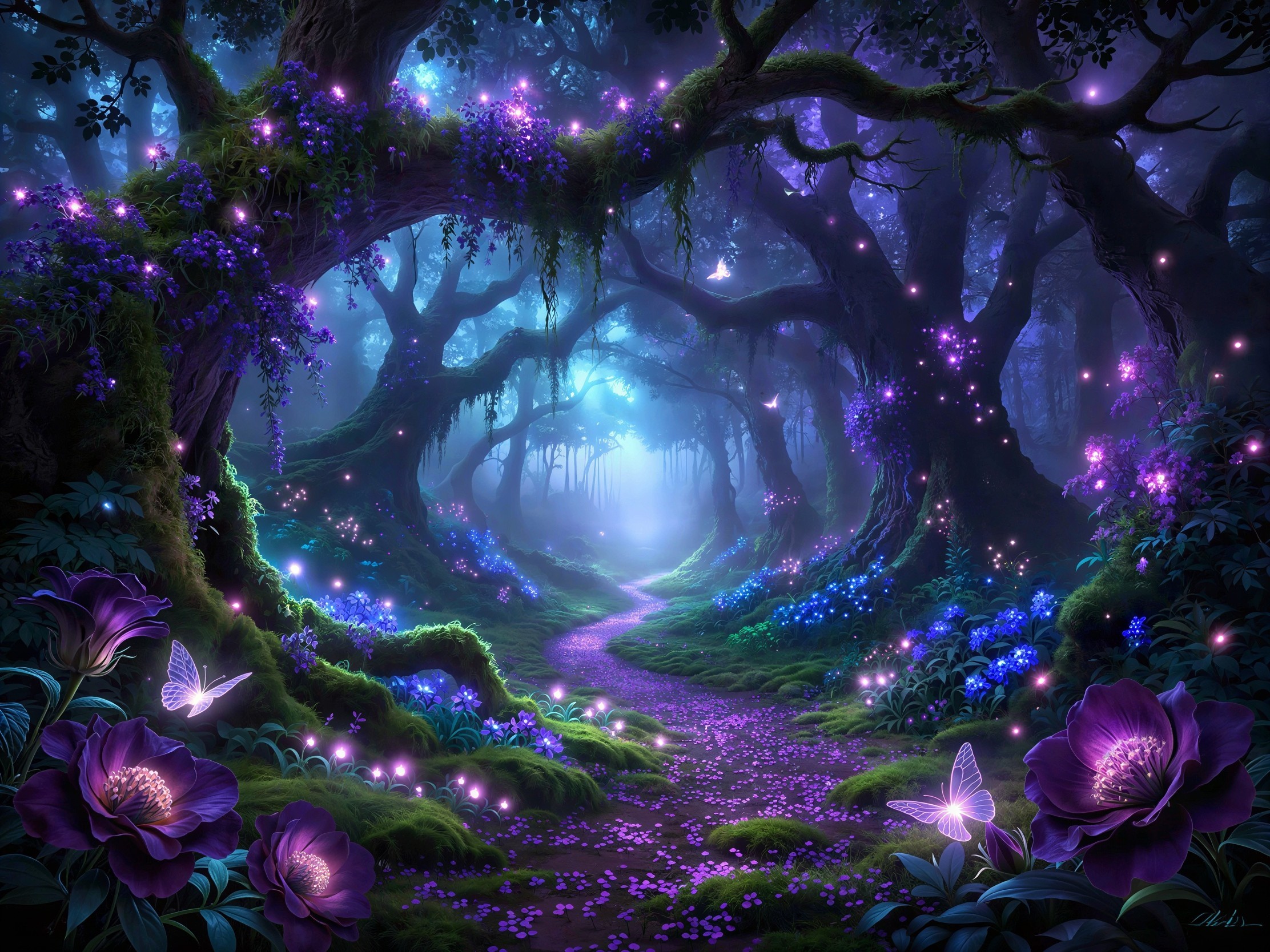 Magical Fantasy Forest with Glowing Flora at Night