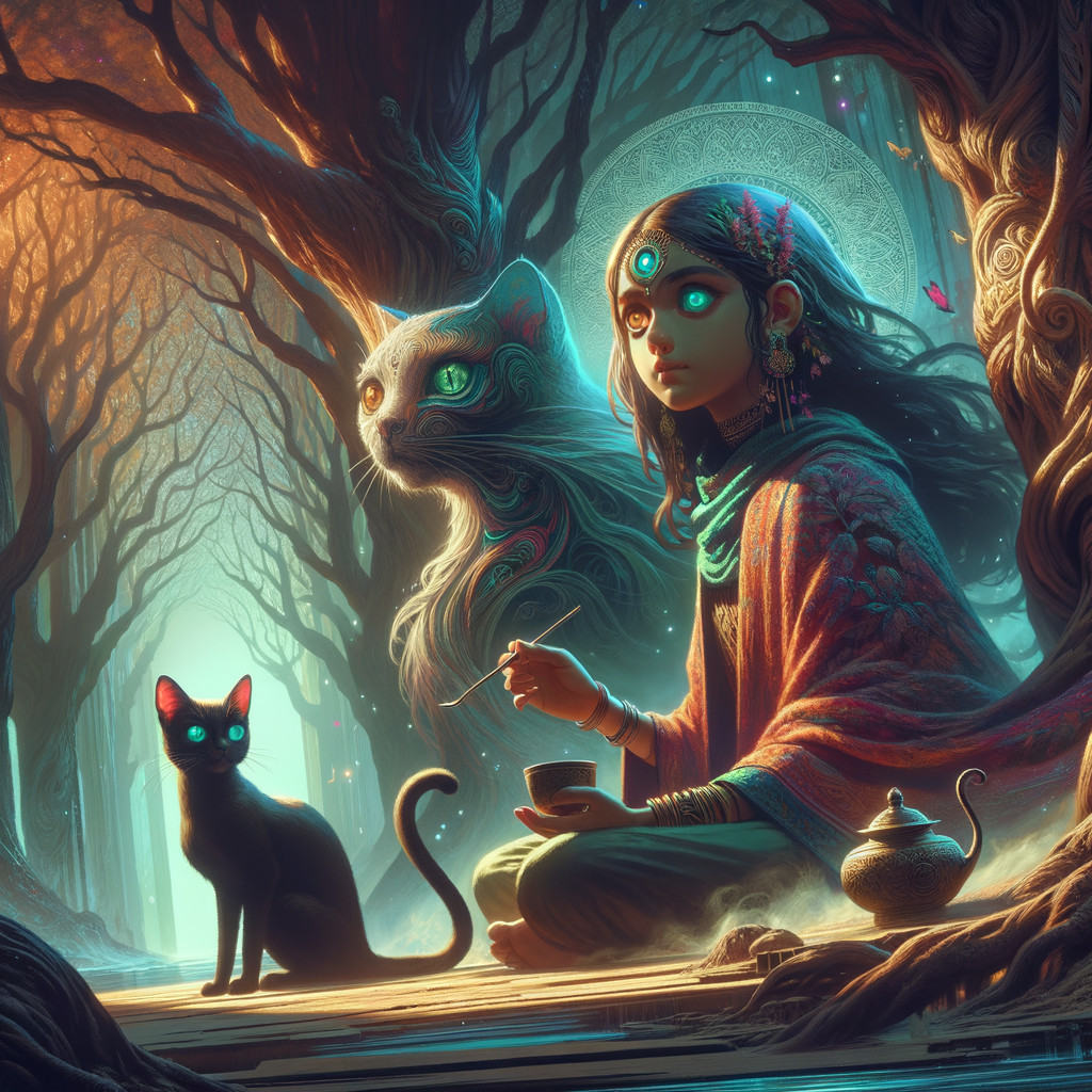 Young girl in mystical forest with cats and butterflies
