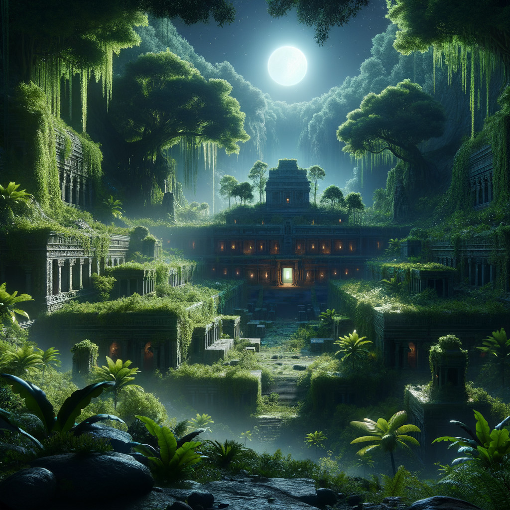 Ancient Temple Surrounded by Lush Jungle and Mist