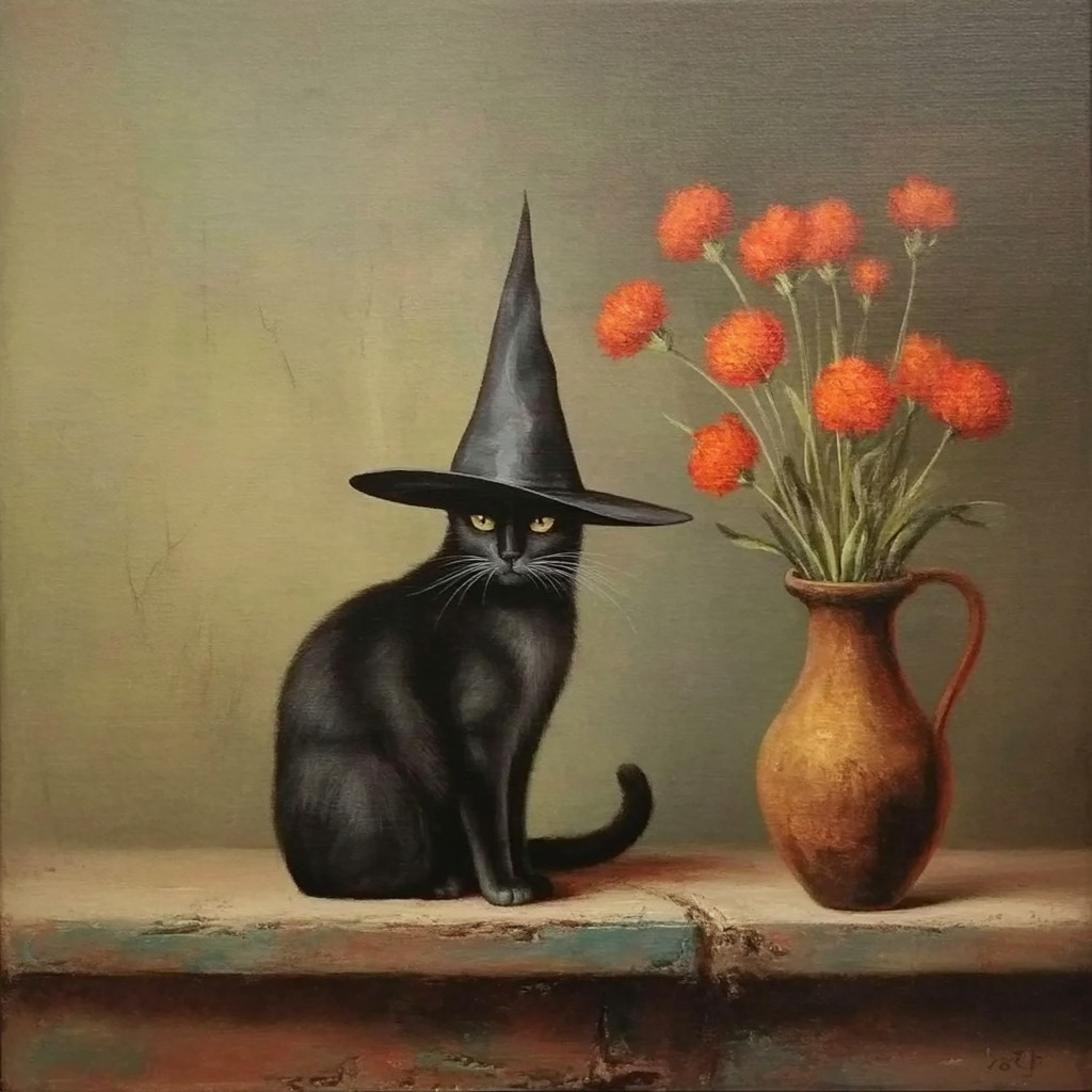 Black Cat in Witch Hat with Flowers and Rustic Jug