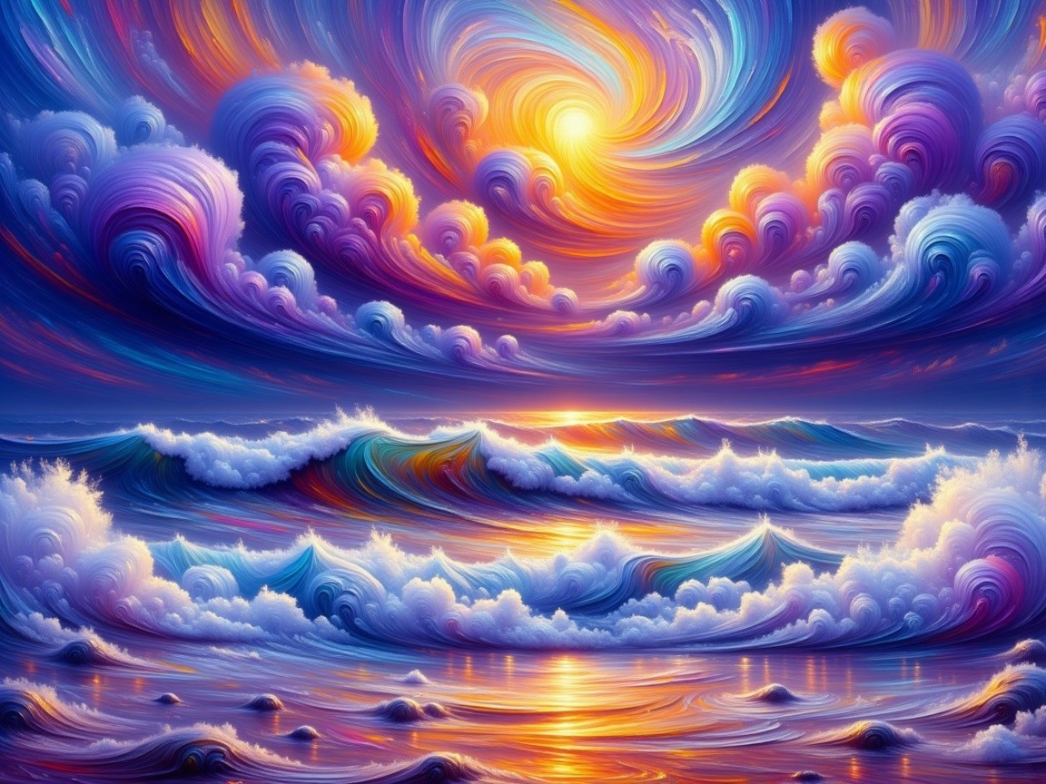 Vibrant Seascape with Colorful Clouds and Waves