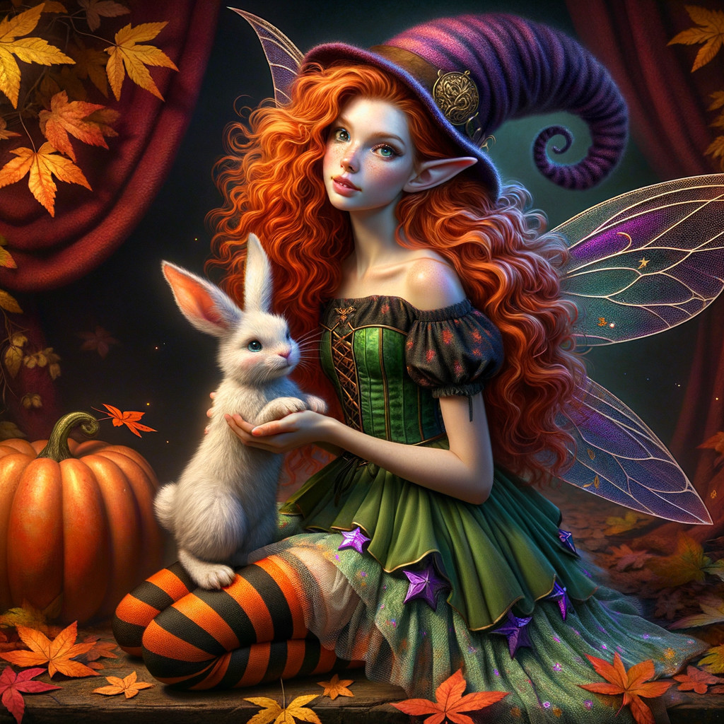 Whimsical Fairy in Autumn Leaves with Bunny and Pumpkin
