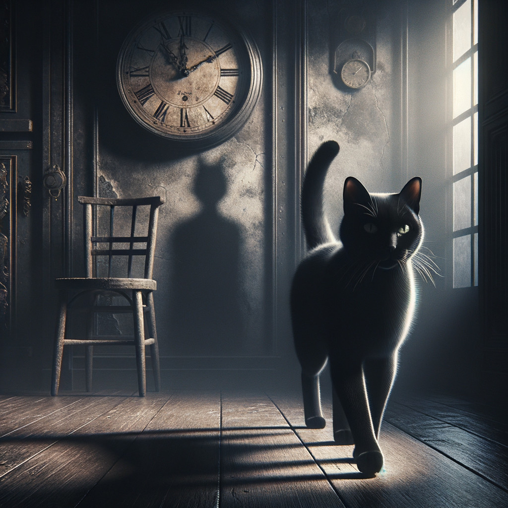 Dimly Lit Room with Black Cat and Antique Clock