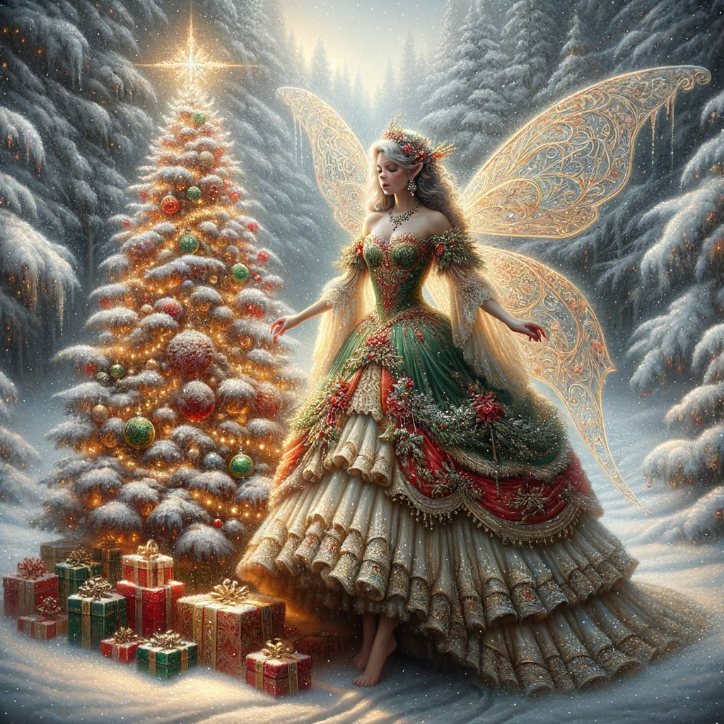Winter Wonderland with Fairy and Decorated Christmas Tree
