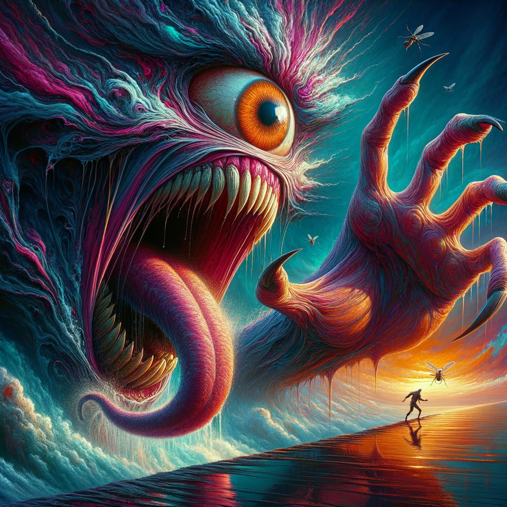 Surreal Scene of a Colossal Creature at Sunset Shore