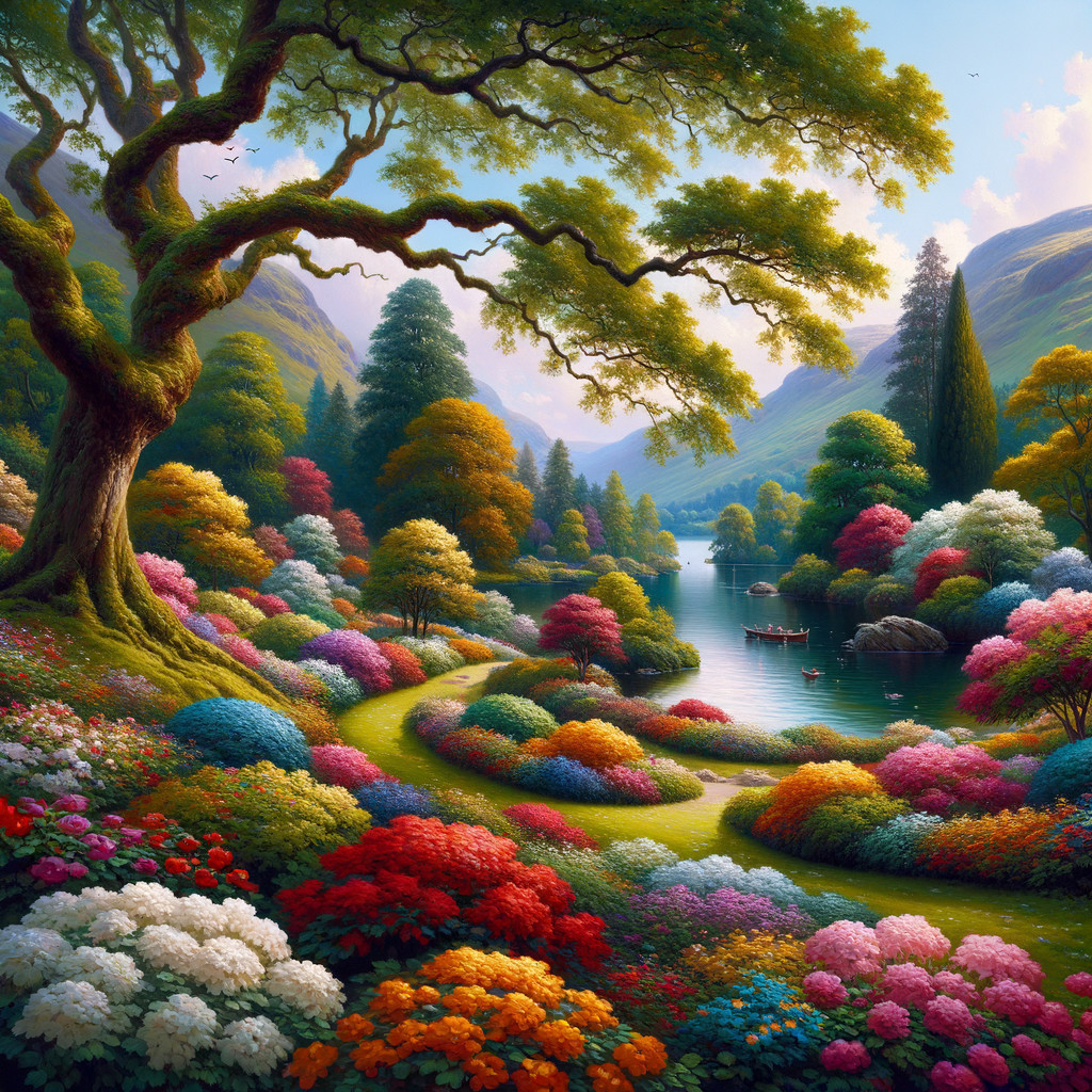 Vibrant Romantic Landscape with Ancient Tree and Garden