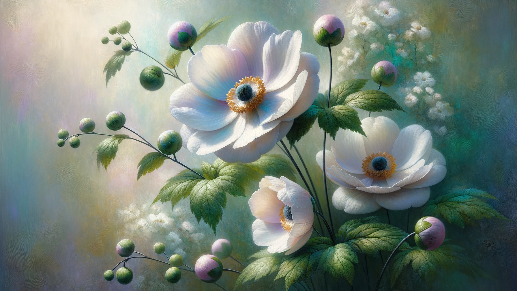 Arrangement of White Anemone Flowers with Green Leaves