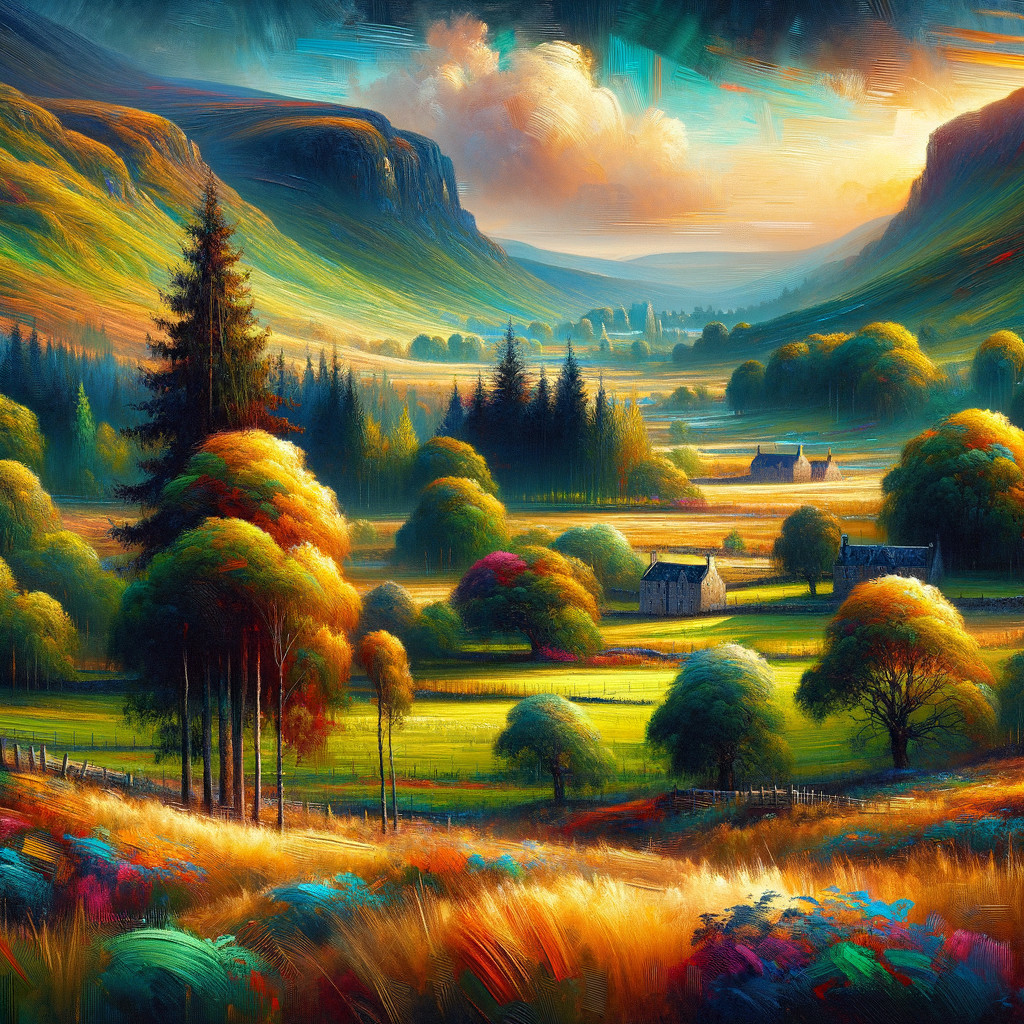 Impressionistic Painting of a Serene Valley Landscape