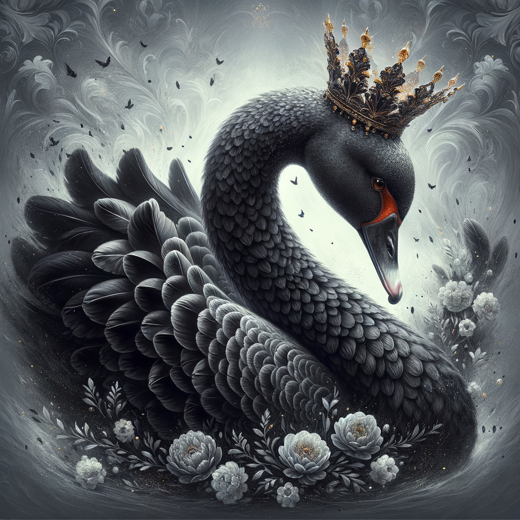 Black Swan with Golden Crown Surrounded by Flowers