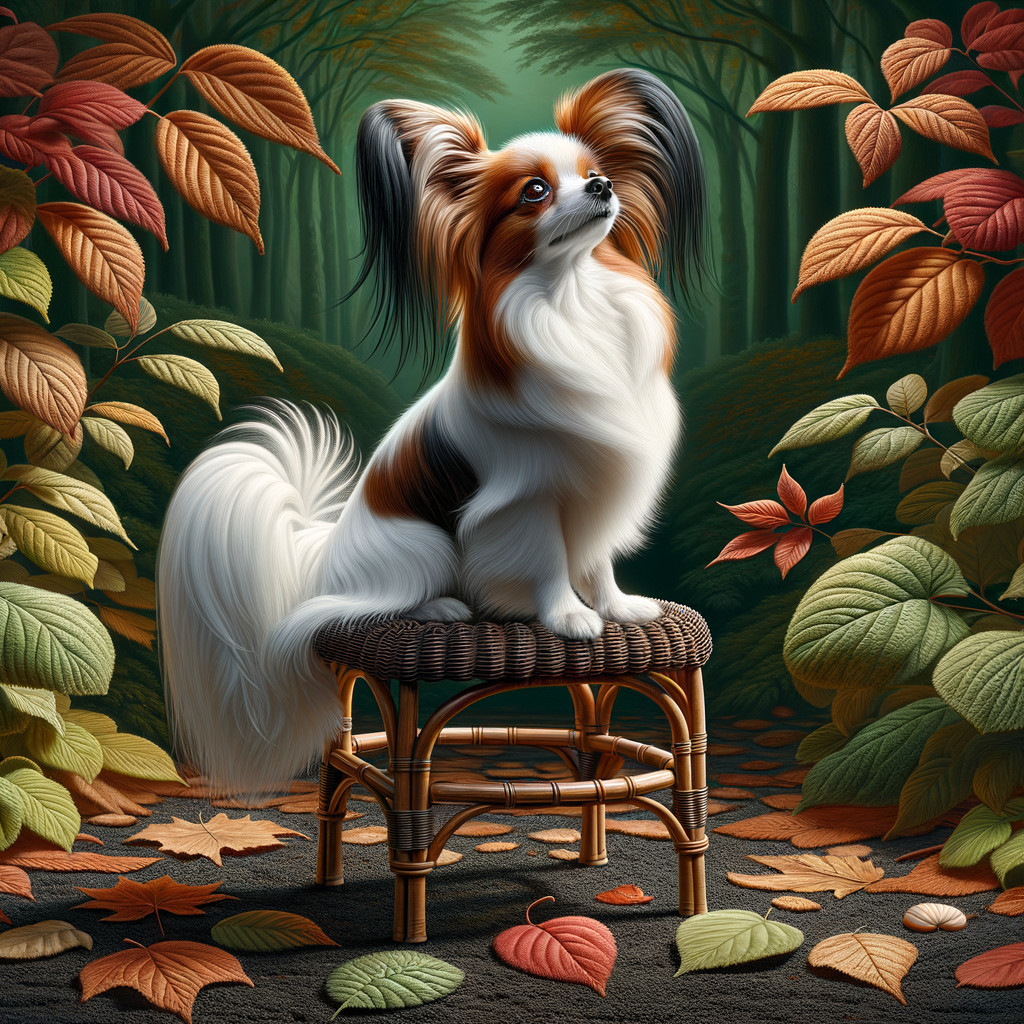 Papillon Dog on Rattan Stool in Autumn Forest Setting