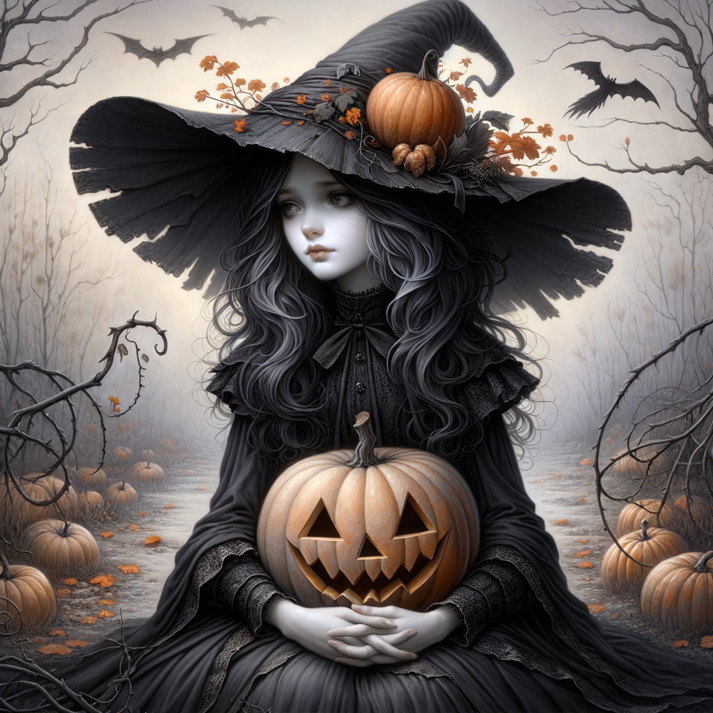 Ethereal Halloween Scene with Girl and Pumpkins