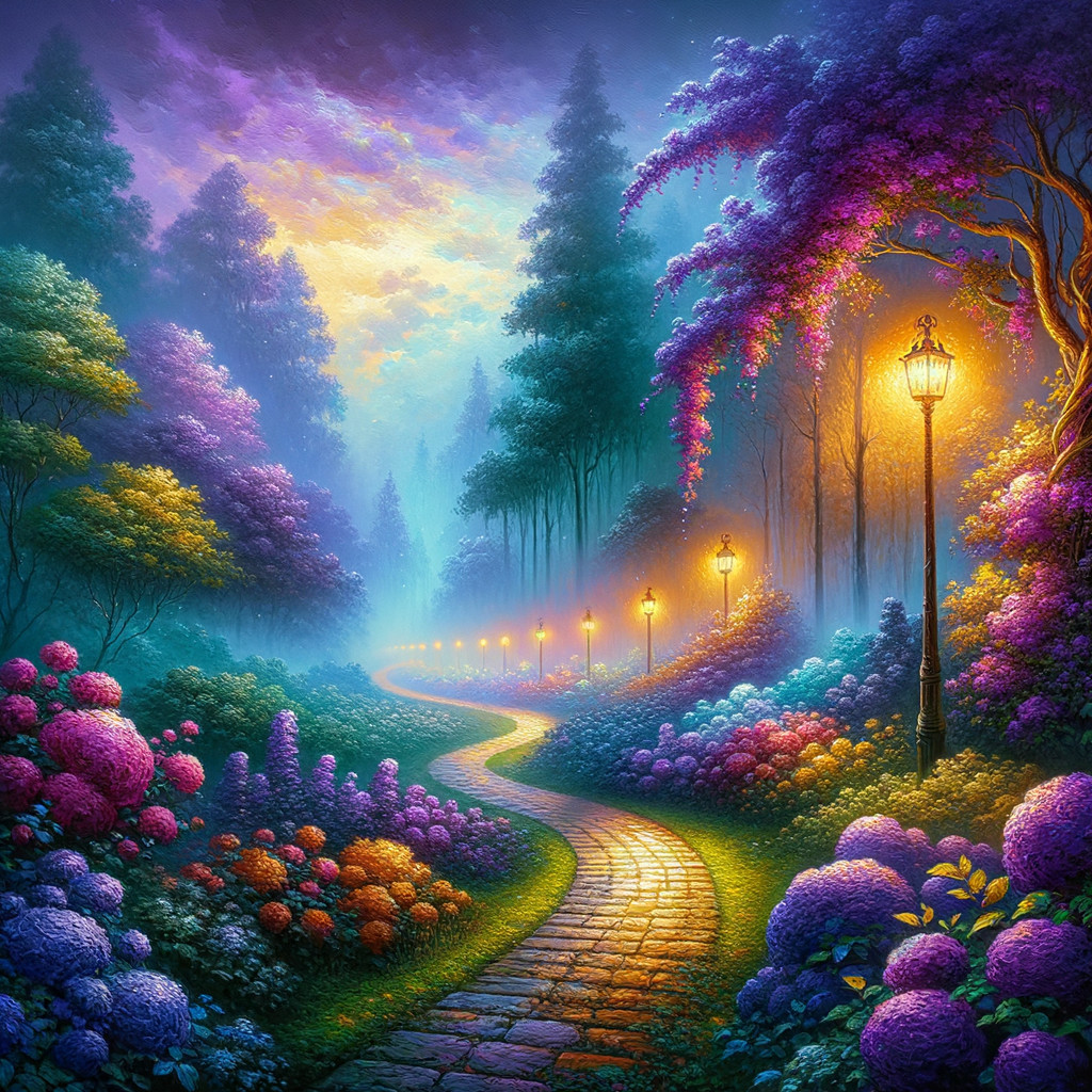 Enchanting Forest Pathway with Lush Flowers and Twilight