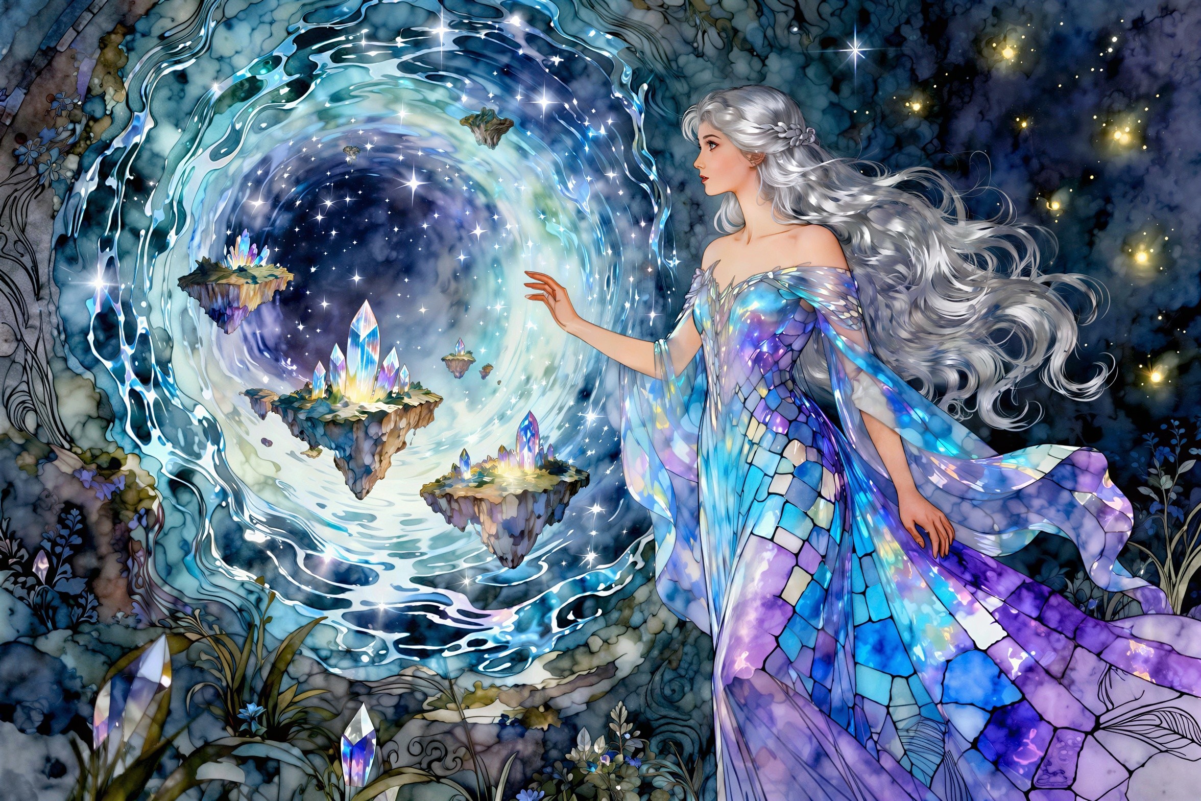 Ethereal Woman in Cosmic Portal Watercolor Painting