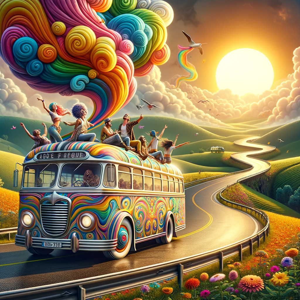 Retro Bus with Rainbow Patterns on Winding Road