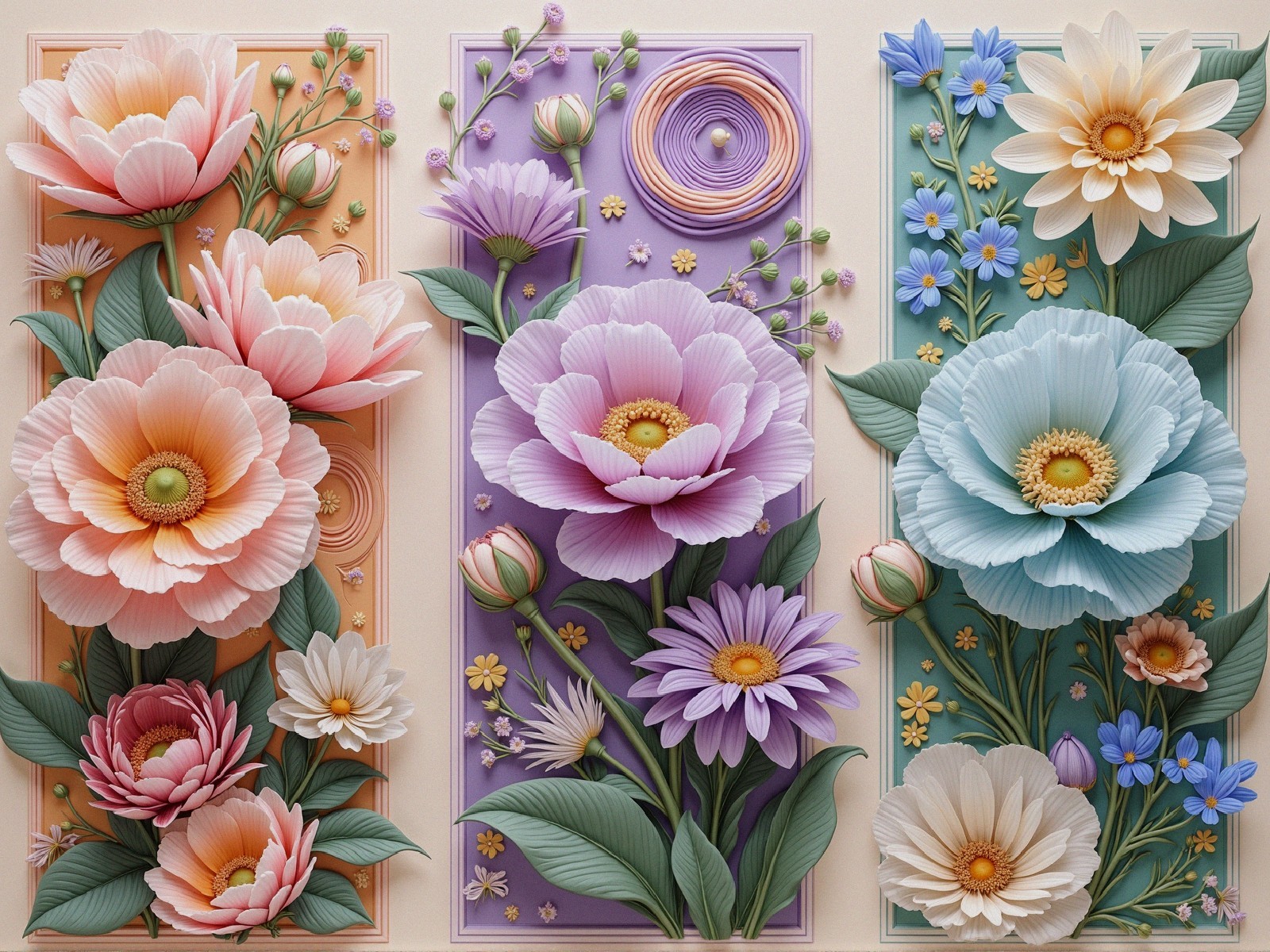 Intricate Floral Arrangement with Pastel Flowers and Leaves