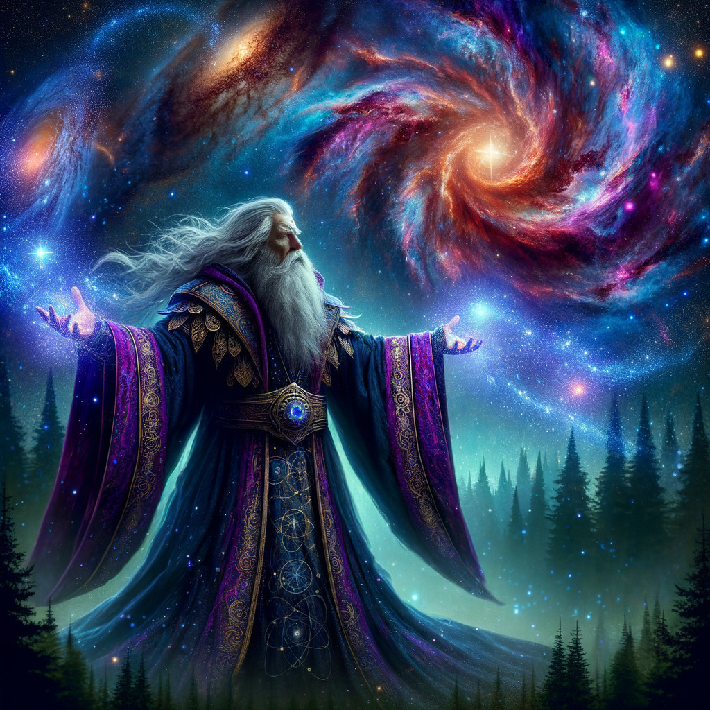 Cosmic Artwork of a Wizard with Galaxies and Forest