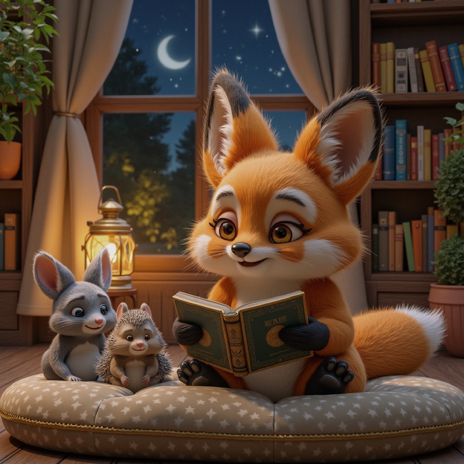 Cozy Room with Fox, Rabbit, and Hedgehog Reading