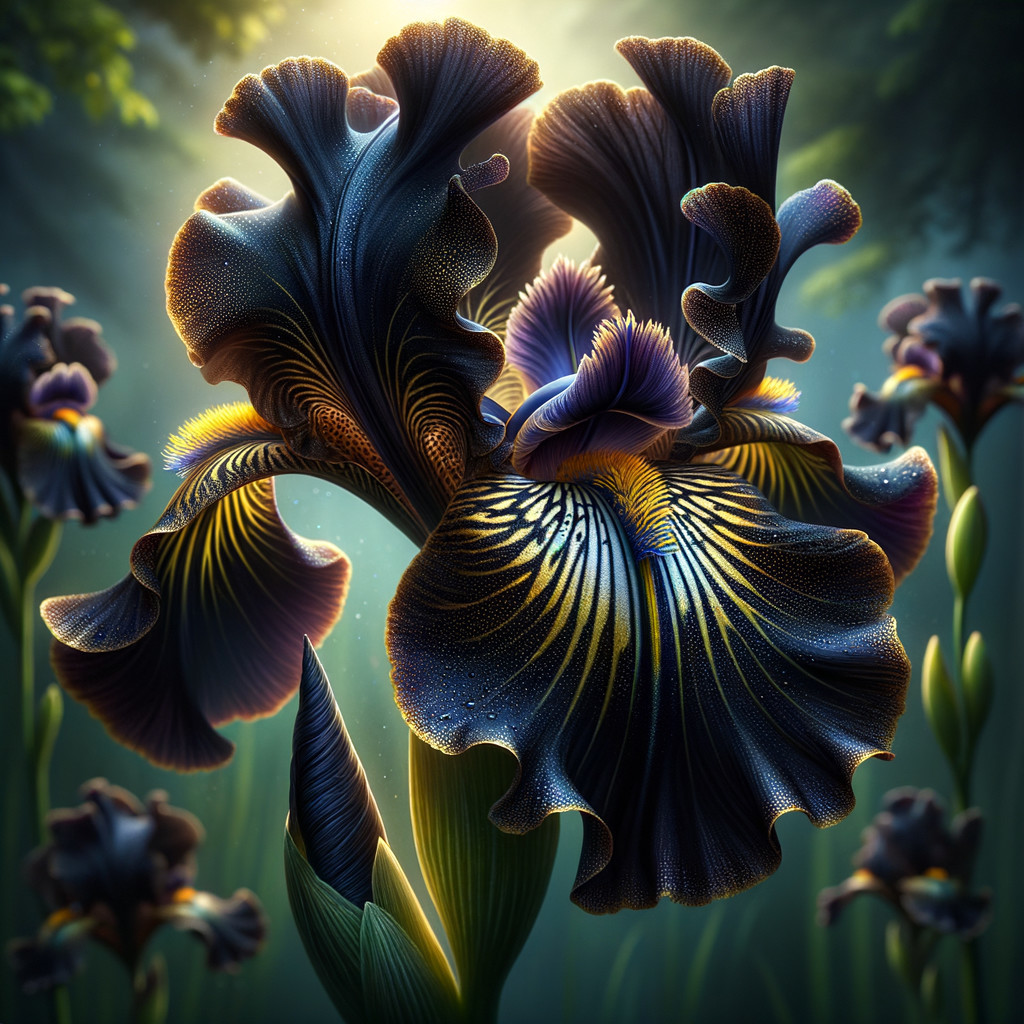 Majestic Iris Flower in Sun-Dappled Forest Setting