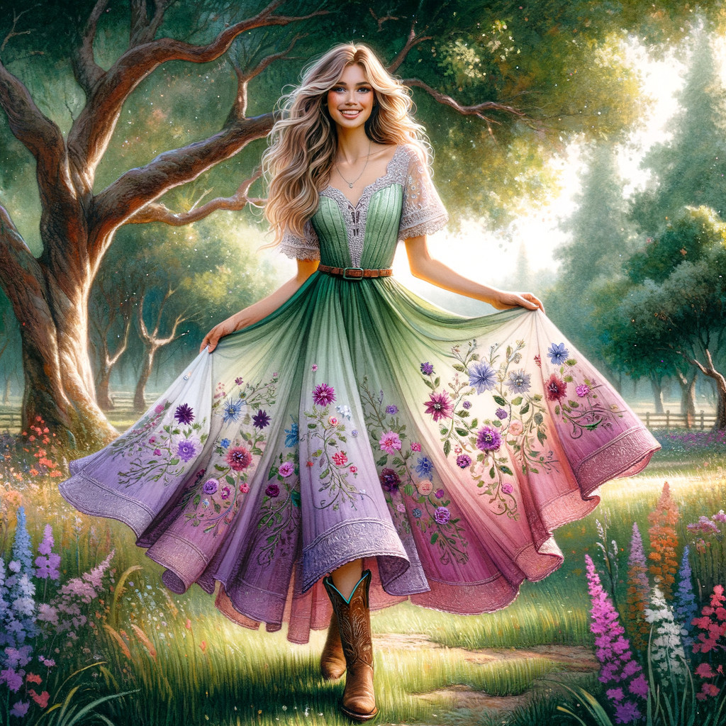 Young Woman in Floral Dress in Sunlit Meadow