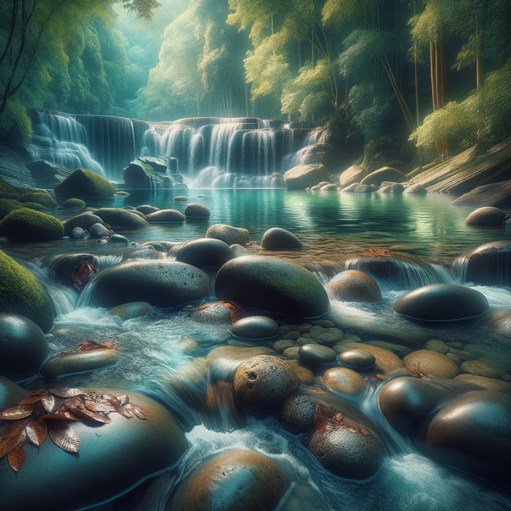 Serene Waterfall and Tranquil Pool Surrounded by Bamboo