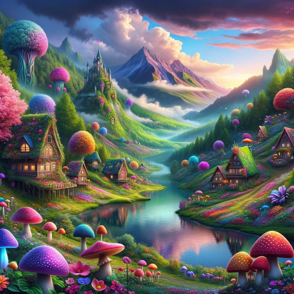 Vibrant Fantasy Landscape with Colorful Mushrooms