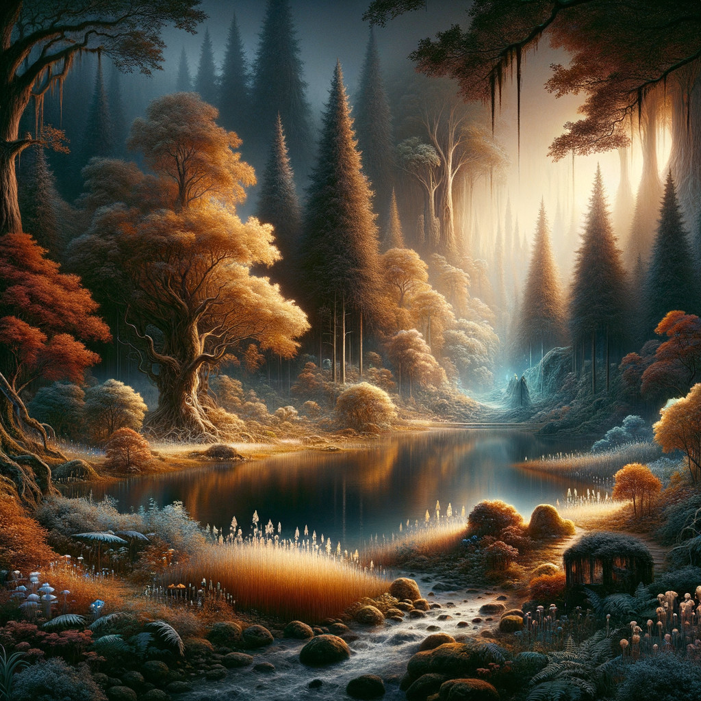 Serene Autumn Forest Landscape with Tranquil Lake