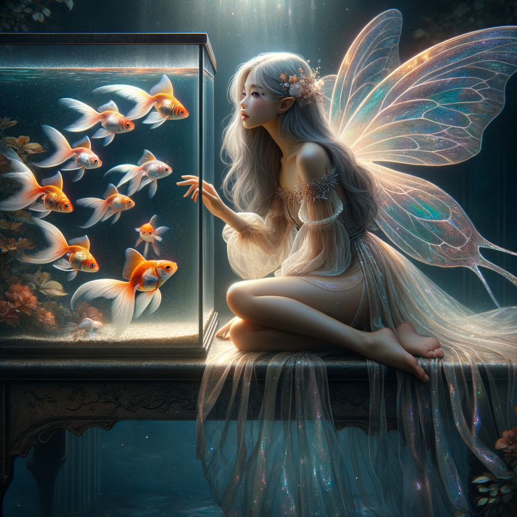 Fairy with Shimmering Wings Beside Glass Fish Tank