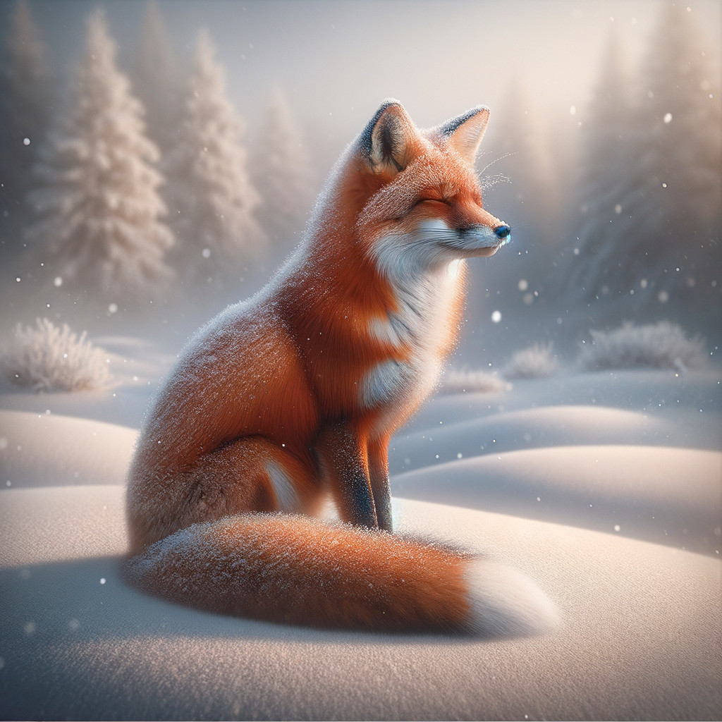Fox in Snowy Winter Landscape with Snowflakes