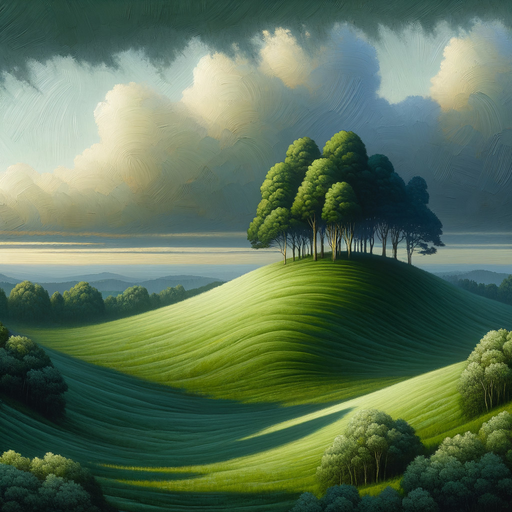 Serene Landscape of Rolling Hills and Lush Trees