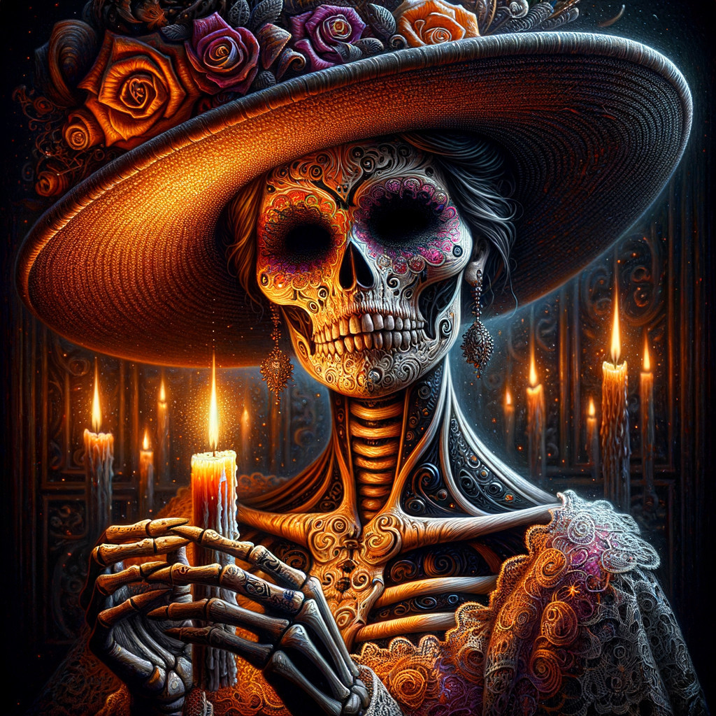 Intricate Skeleton Design with Floral Hat and Candle