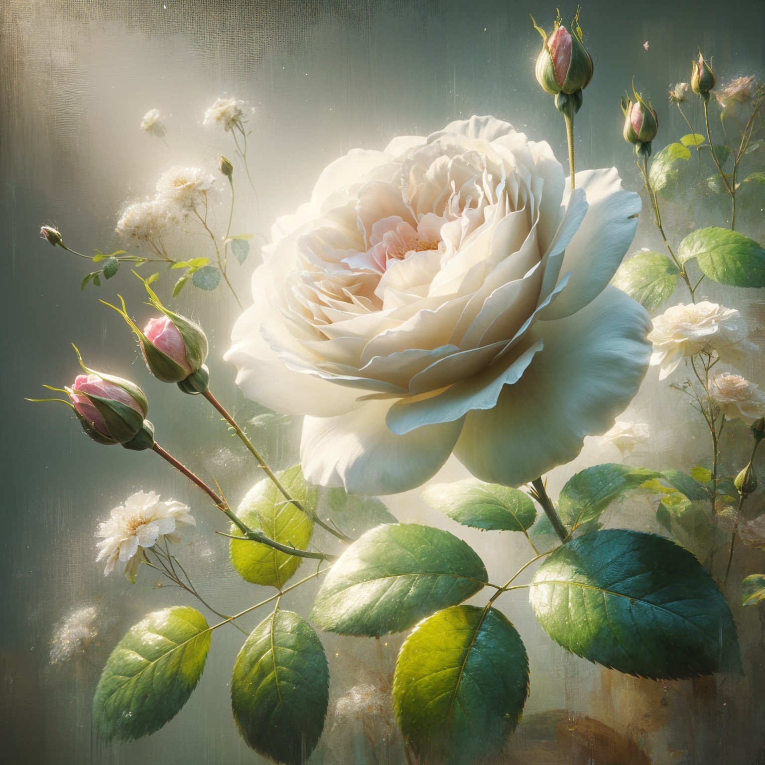 Luminous White Rose Surrounded by Pink Buds and Daisies