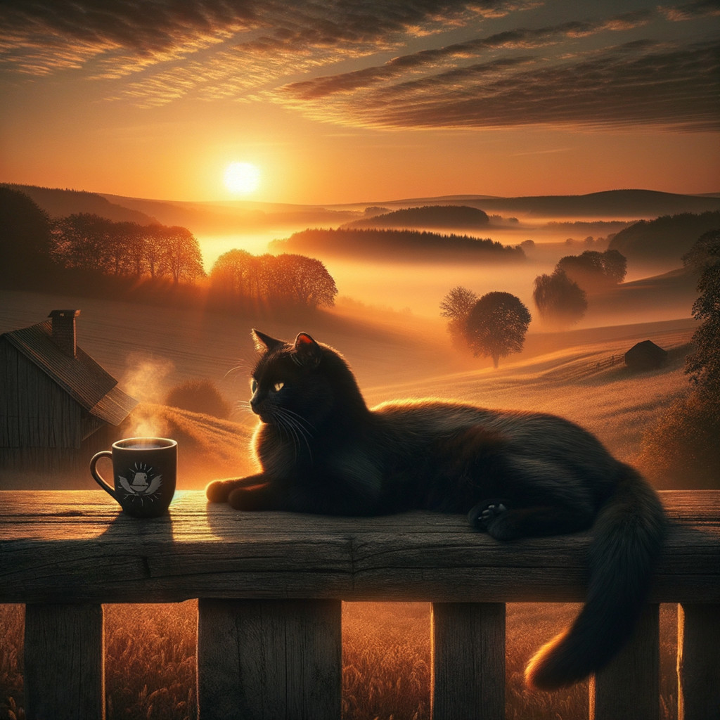 Serene Sunset Over Hills with Cat and Steaming Mug