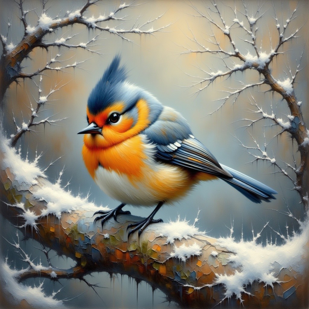 Vibrant Blue and Orange Bird on Snowy Branch