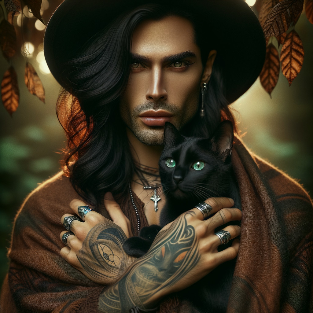 Mystical Autumn Scene with Man and Black Cat