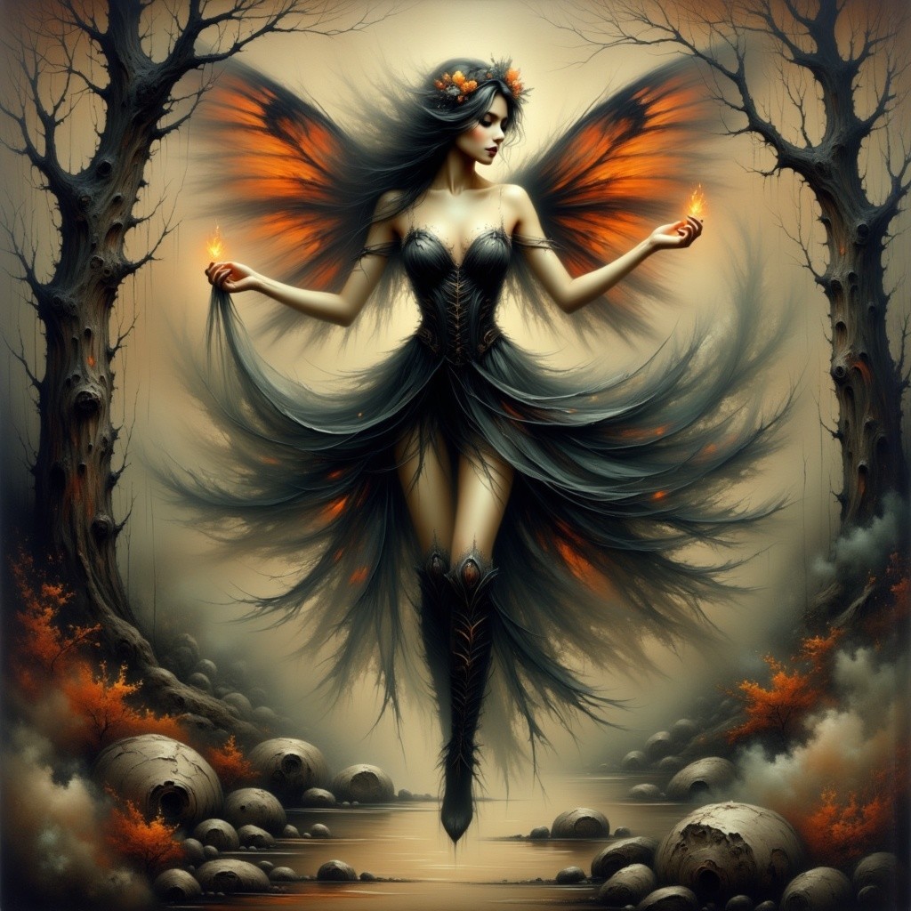 Mystical figure in dark gown with shimmering wings