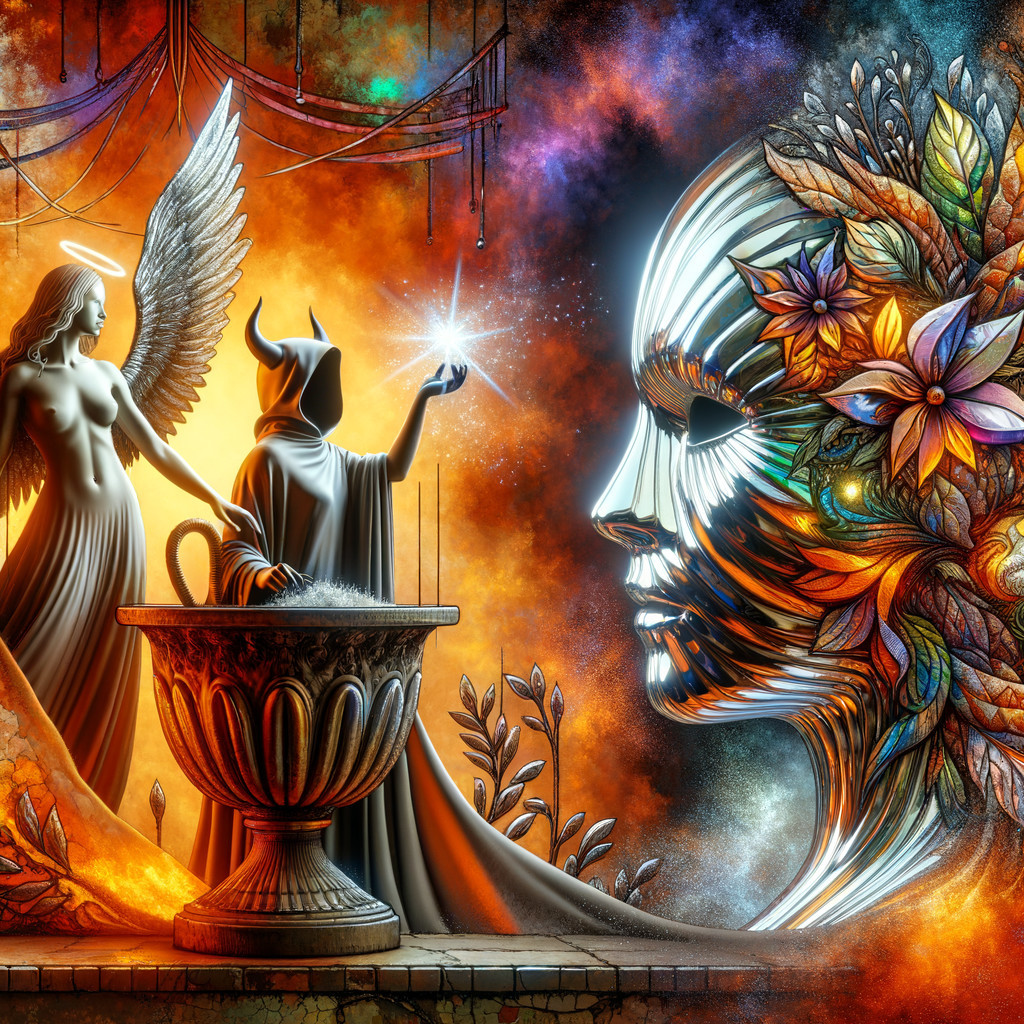 Surreal Scene of Angel and Cloaked Figure at Altar