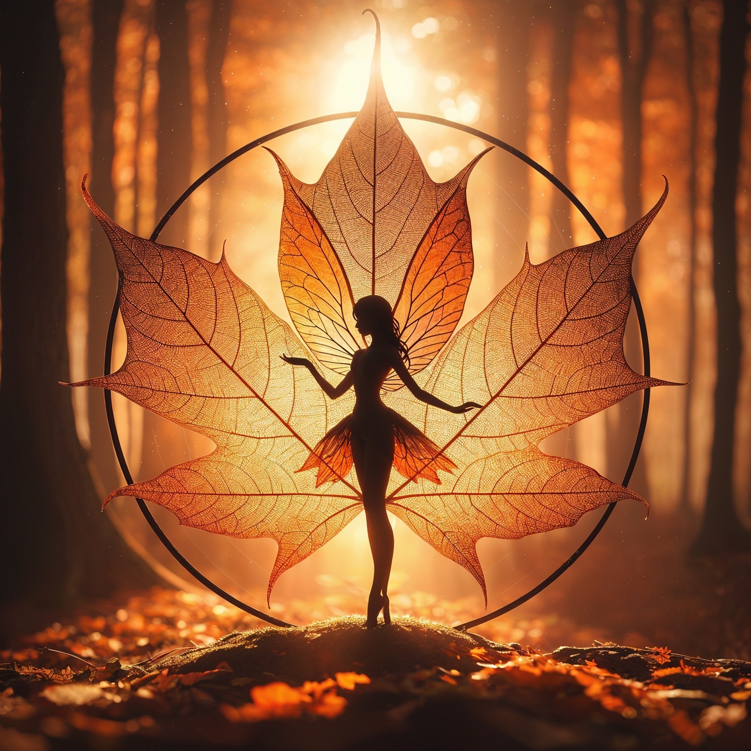 Fairy Silhouette in Autumn Forest with Maple Leaf