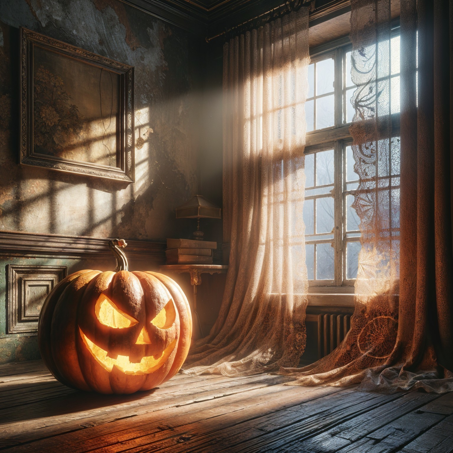 Vintage Room with Carved Pumpkin and Eerie Shadows