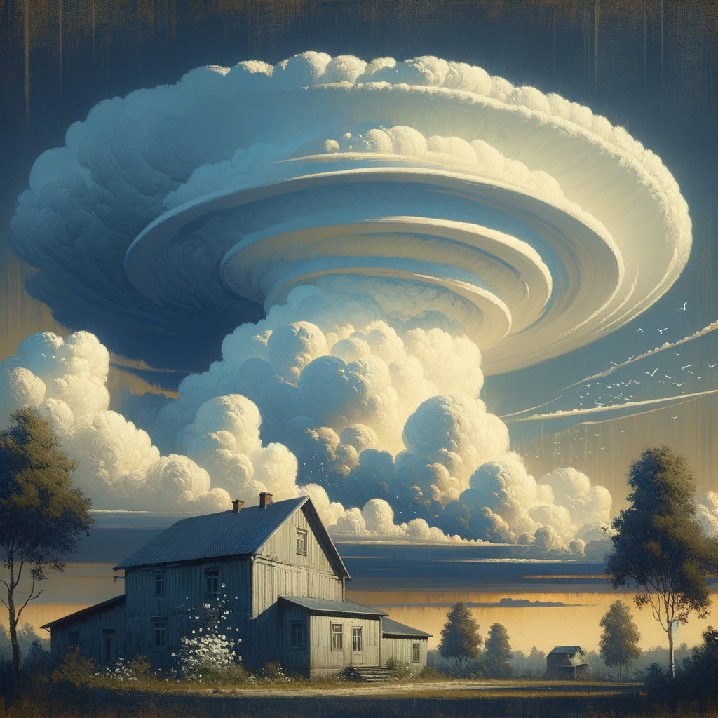 Tranquil Landscape with Rustic House and Dramatic Clouds
